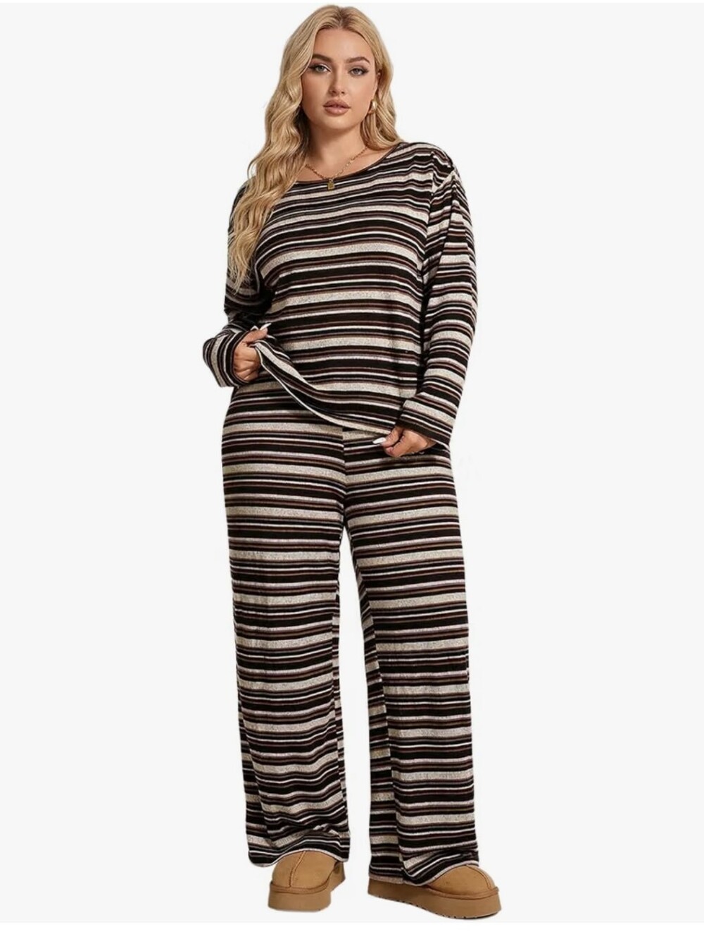 Plus Size 2 Piece Striped Set Fall Long Sleeve T Shirt and Pants Lounge Sets
